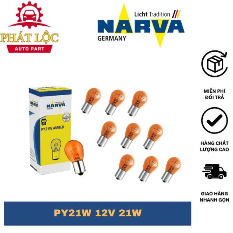 Bóng đèn xi nhan chân cài, lệch 3/4 thủy tinh vàng  PY21W 12V NARVA